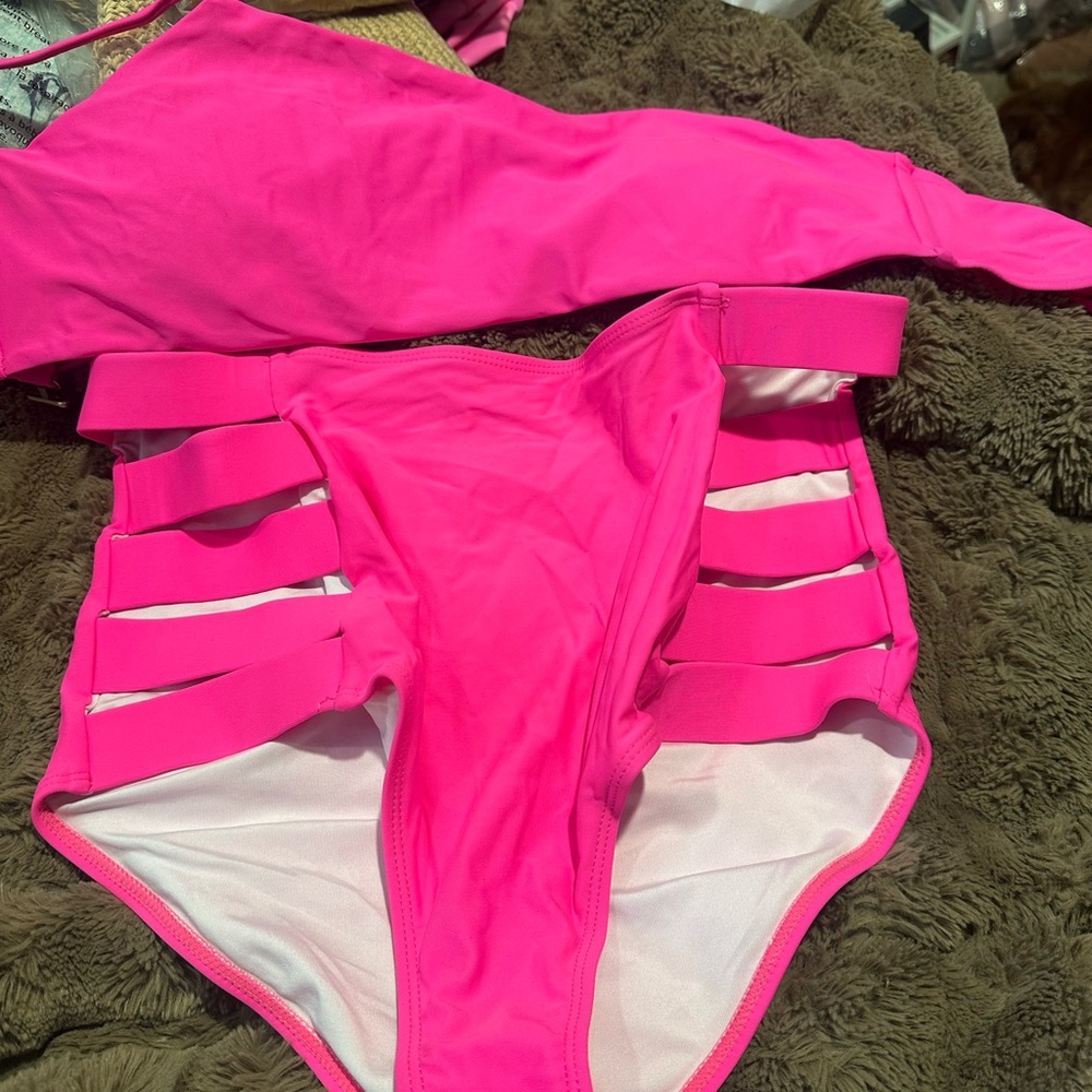 Source Unknown Hot Pink Cutout High-Waist Bikini Bottom